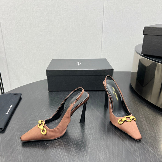 Luxury Saint Laurent GOLD CHAIN ATTACHED HIGH SLINGBACK IN TOFFEE BROWN SILK