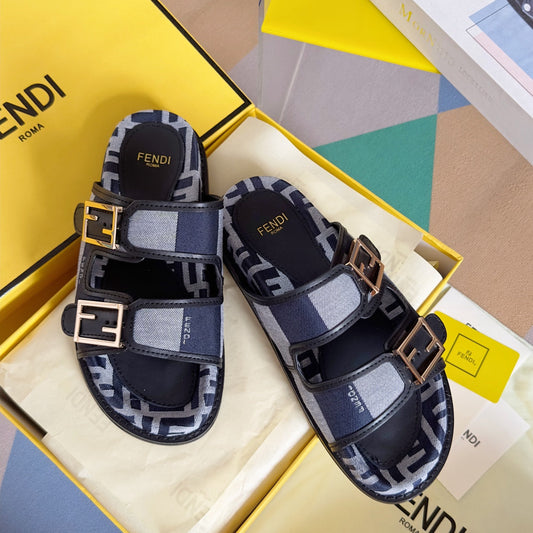 Luxury FendiLuxury FendiDAD SANDAL IN NAVY BLUE MIX LIGHT GREY CANVAS WITH GOLD HARDWARE