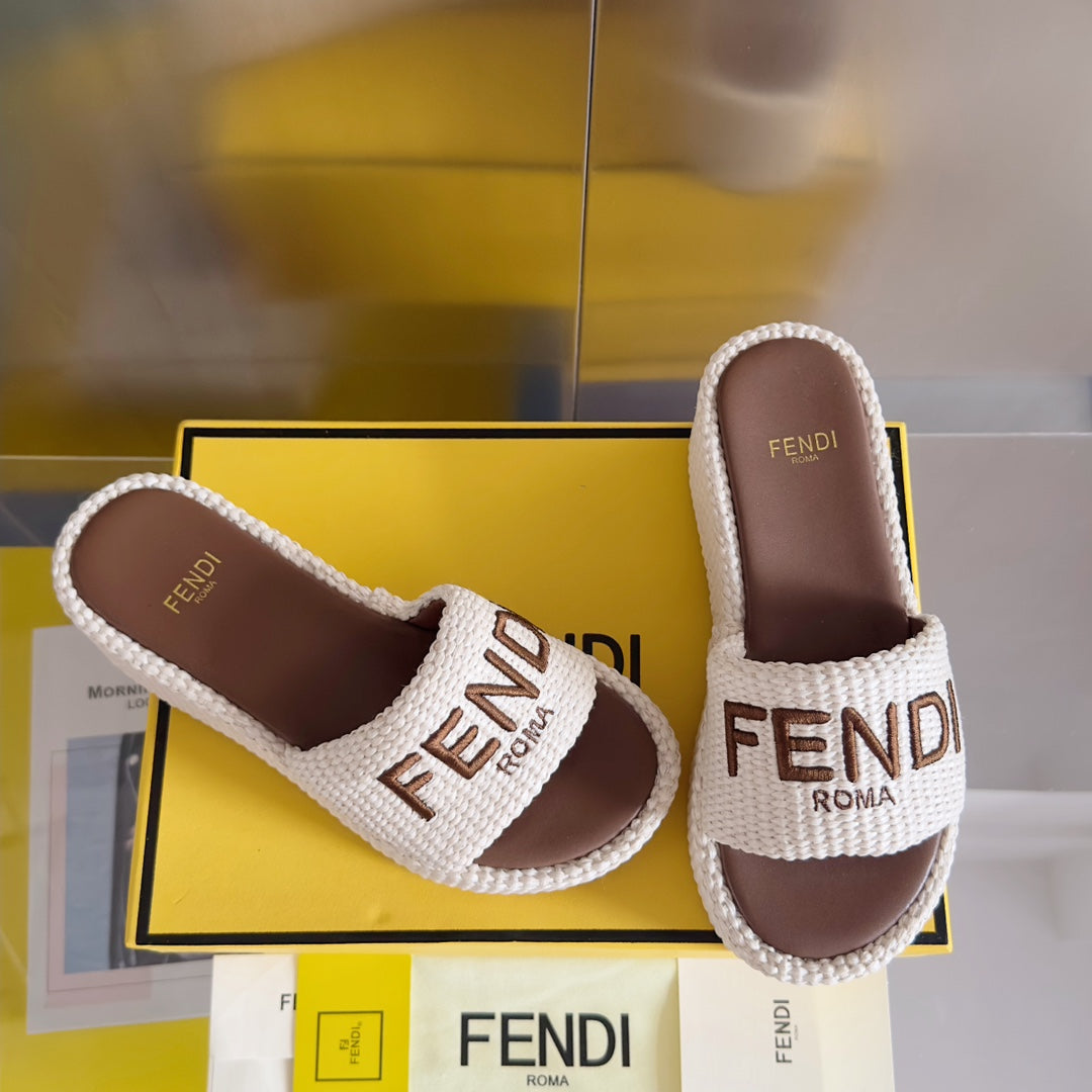 Luxury FendiFF Sunshine 65 White Cotton Brown Leather Fibre Flatform Slide