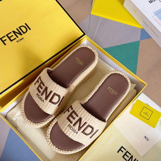 Luxury FendiFF Sunshine 65 Beige Cotton Brown Leather Fibre Flatform Slide