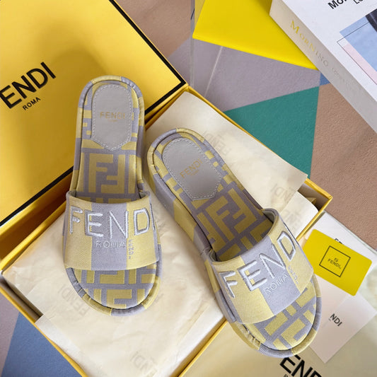Luxury FendiLuxury FendiPLATFORM WEDGES IN LIGHT YELLOW MIX GREY FF MONOGRAM FABRIC
