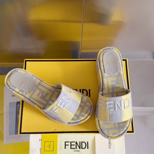 Luxury FendiFF Sunshine 65 Yellow Grey Canvas Flatform Slide