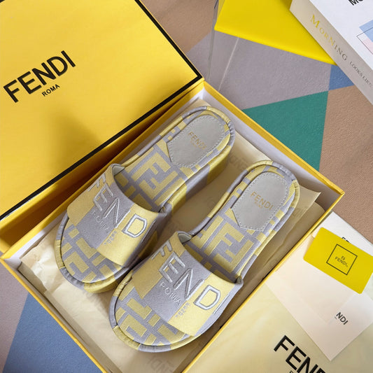 Luxury FendiFF Sunshine 65 Yellow Grey Canvas Flatform Slide