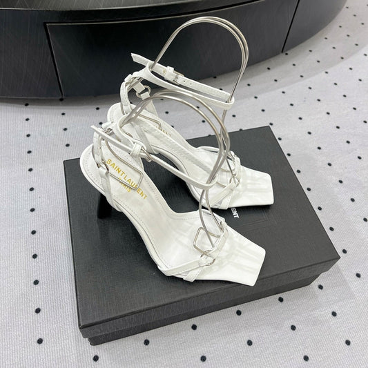 Luxury Saint Laurent SL ANKLE-BUCKLE HEELED SANDALS WHITE CALFSKIN