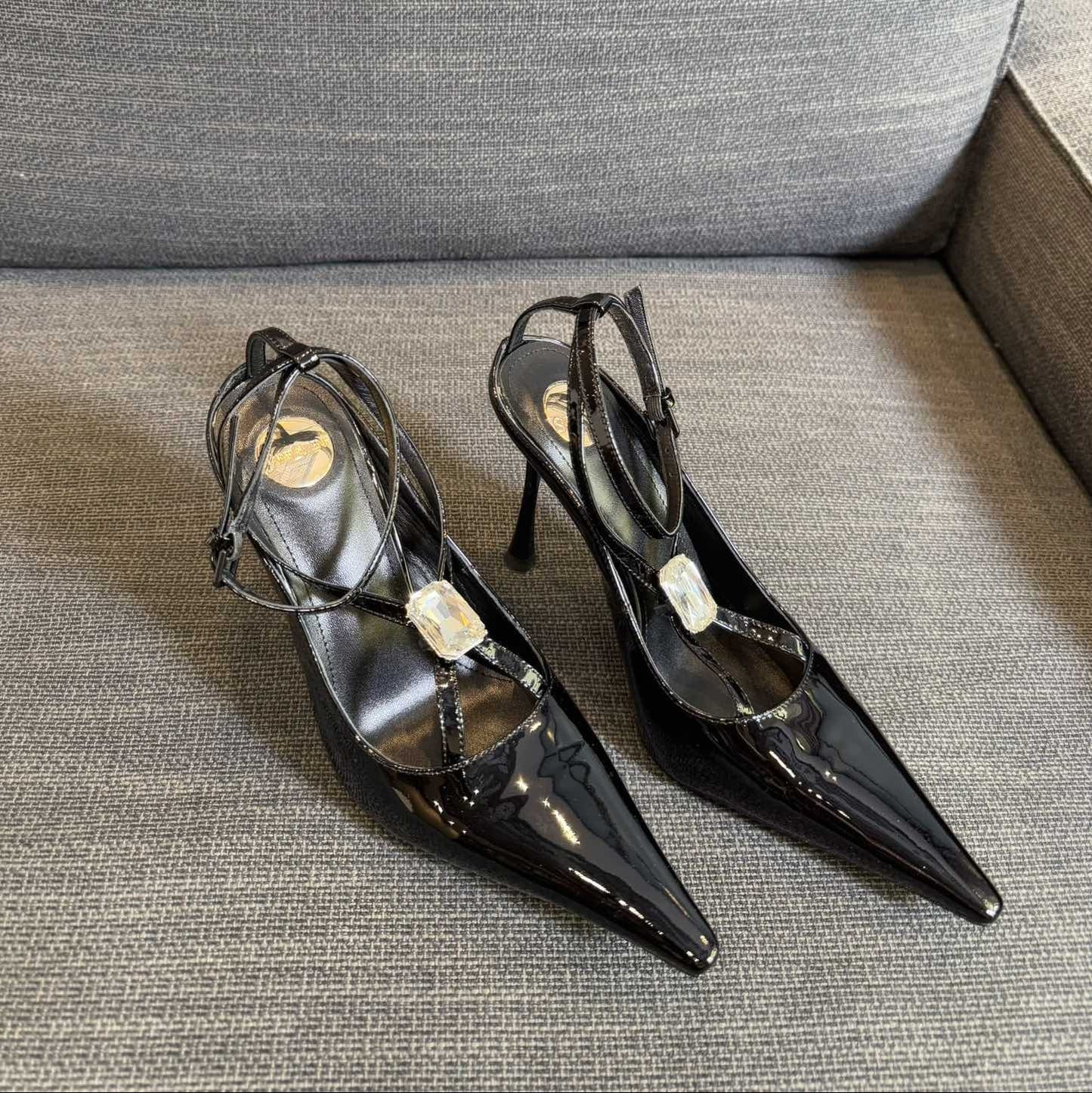 Luxury Saint Laurent HIGH SANDAL ATTACHED GEM IN BLACK GLOSSY CALFSKIN