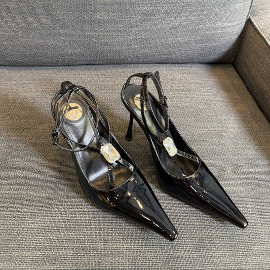Luxury Saint Laurent HIGH SANDAL ATTACHED GEM IN BLACK GLOSSY CALFSKIN