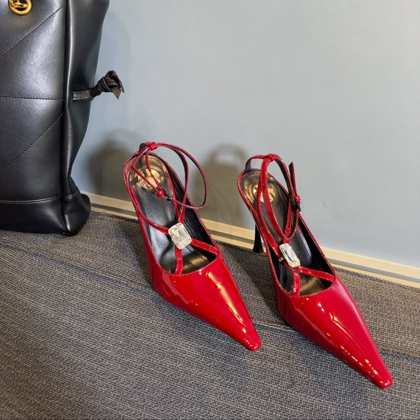 Luxury Saint Laurent HIGH SANDAL ATTACHED GEM IN RED GLOSSY CALFSKIN