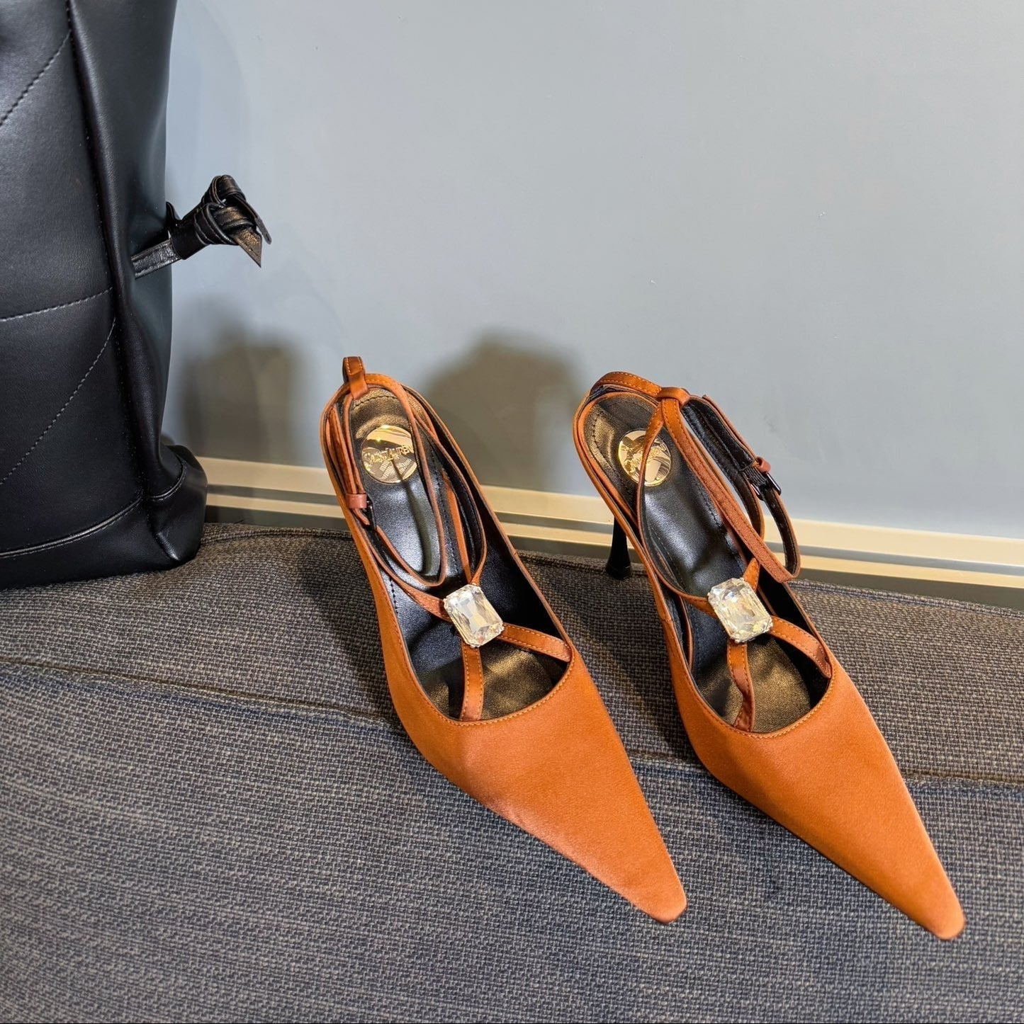 Luxury Saint Laurent HIGH SANDAL ATTACHED GEM IN TANGELO ORANGE SILK