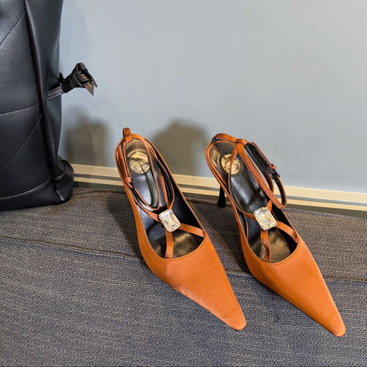 Luxury Saint Laurent HIGH SANDAL ATTACHED GEM IN TANGELO ORANGE SILK