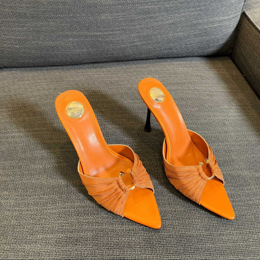 Luxury Saint Laurent LOLA HIGH MULES IN TANGELO ORANGE SMOOTH LAMBSKIN AND DRAPED JERSEY