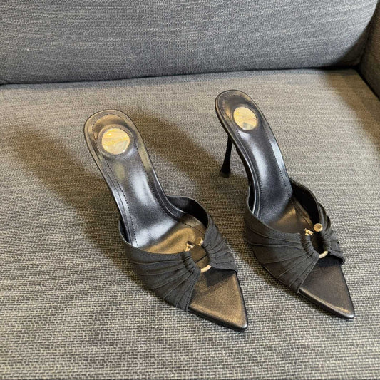 Luxury Saint Laurent LOLA HIGH MULES IN BLACK SMOOTH LAMBSKIN AND DRAPED JERSEY