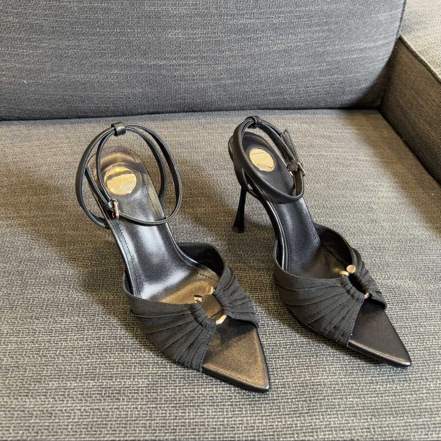 Luxury Saint Laurent LOLA HIGH SANDALS IN BLACK SMOOTH LAMBSKIN AND DRAPED JERSEY