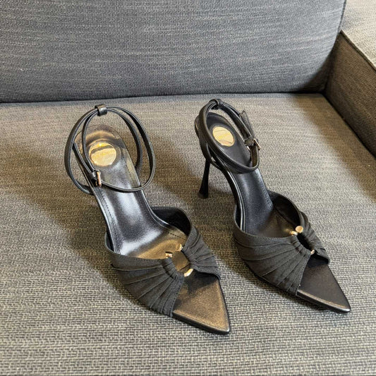 Luxury Saint Laurent LOLA HIGH SANDALS IN BLACK SMOOTH LAMBSKIN AND DRAPED JERSEY