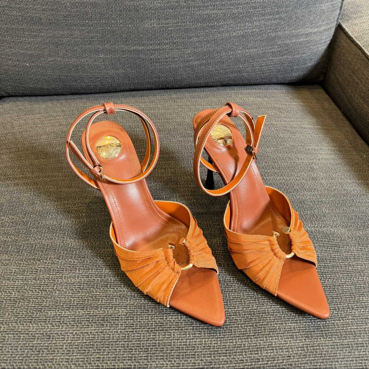 Luxury Saint Laurent LOLA HIGH SANDALS IN TANGELO ORANGE SMOOTH LAMBSKIN AND DRAPED JERSEY