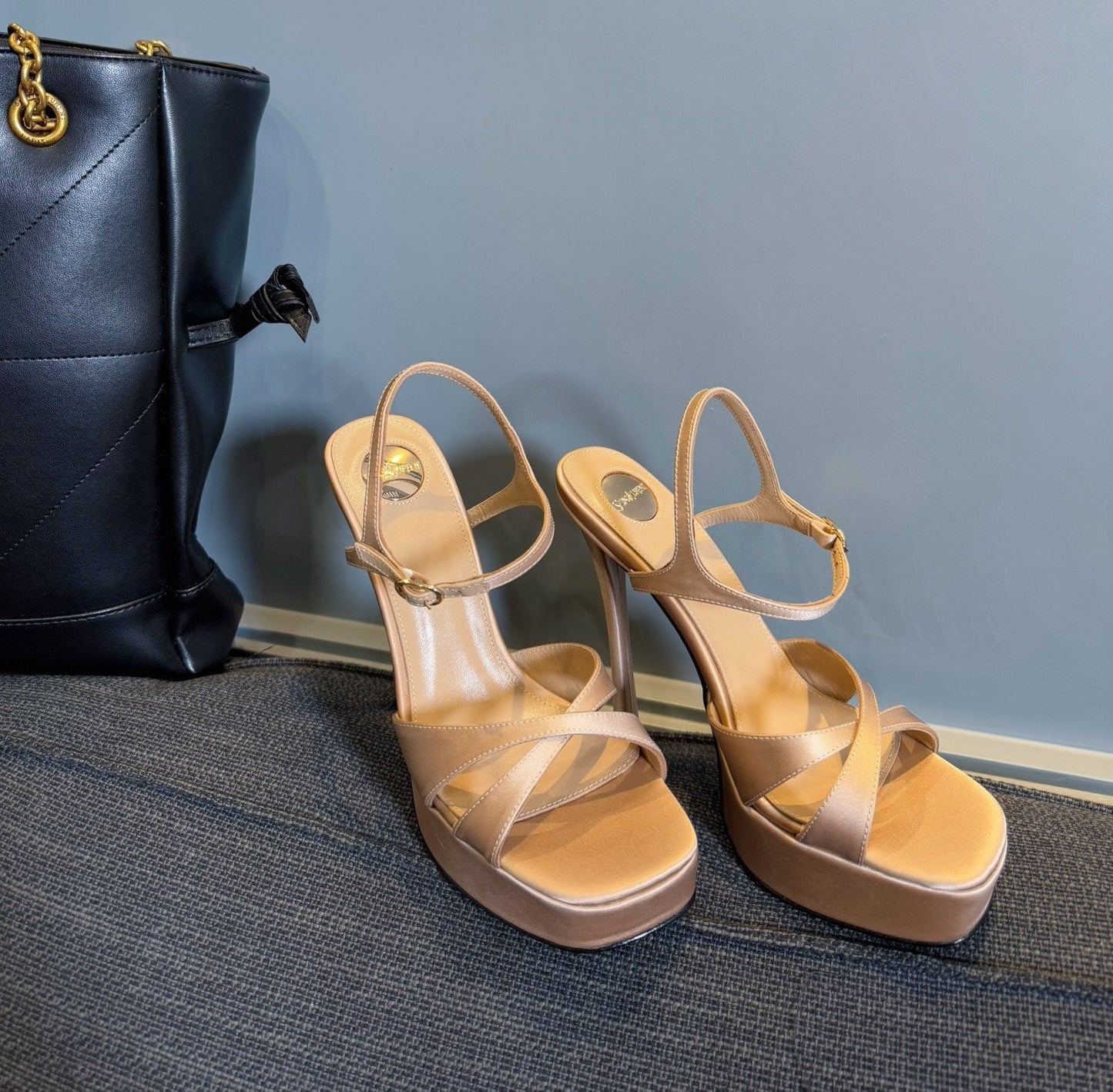 Luxury Saint Laurent DEBBIE PLATFORM SANDALS IN BEIGE SATIN