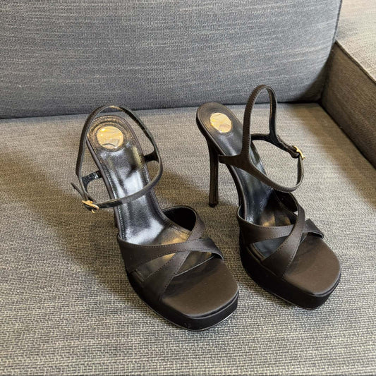Luxury Saint Laurent DEBBIE PLATFORM SANDALS IN BLACK SATIN