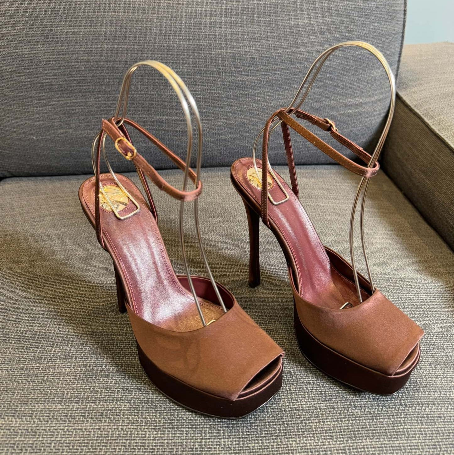 Luxury Saint Laurent LA SCANDALE PLATFORM SANDALS IN DARK CAPPUCCINO SATIN