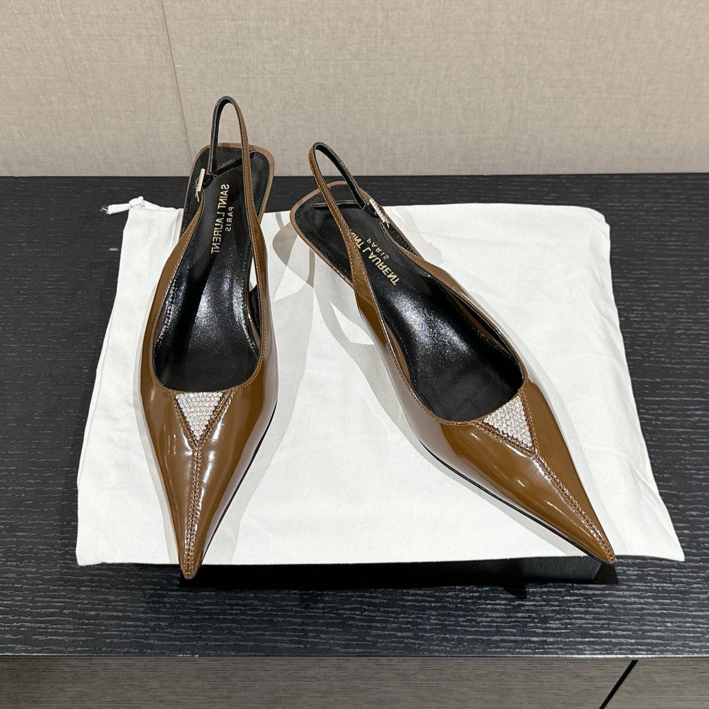 Luxury Saint Laurent SL CHERISH CRYSTAL SLINGBACK ASH BROWN CALFSKIN