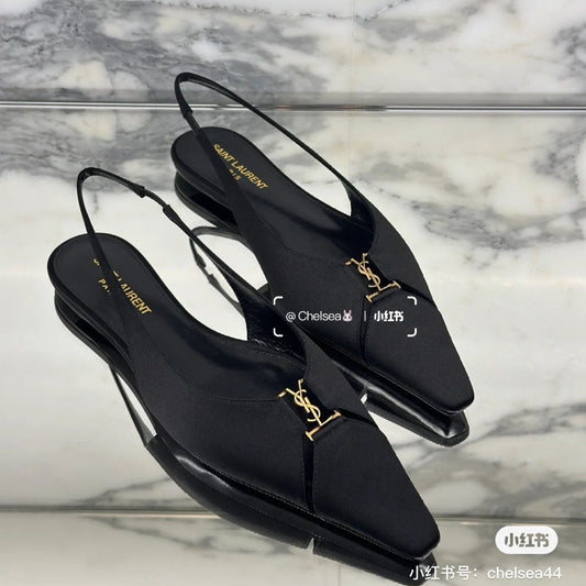 Luxury Saint Laurent SL BABYLONE SLINGBACK FLAT BLACK SATIN CREPE