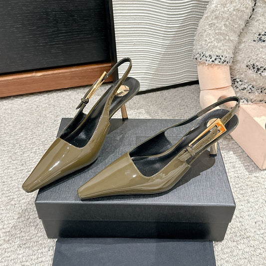 Luxury Saint Laurent LEE SLINGBACK MID PUMPS IN ARMY GREEN SHINY CALFSKIN