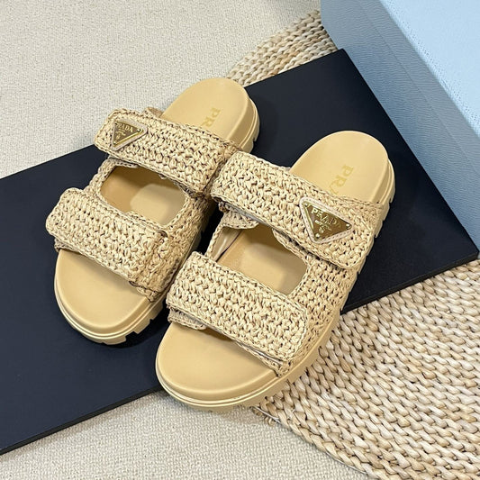Luxury PradaRaffia Cork Slide 40 Beige