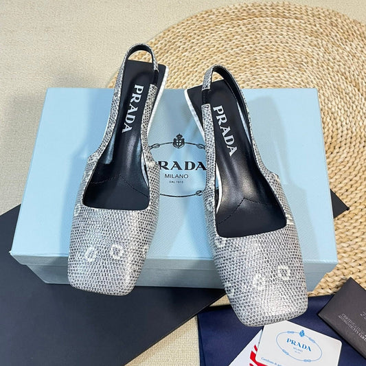 Luxury PradaSQUARE TOE SLINGBACK PUMPS PALE SNAKESKIN MOTIF SATIN