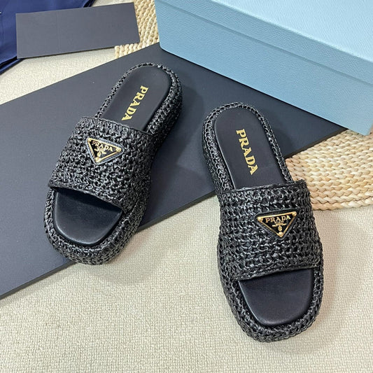 Luxury PradaCROCHET FLATFORM SLIDES BLACK RAFFIA