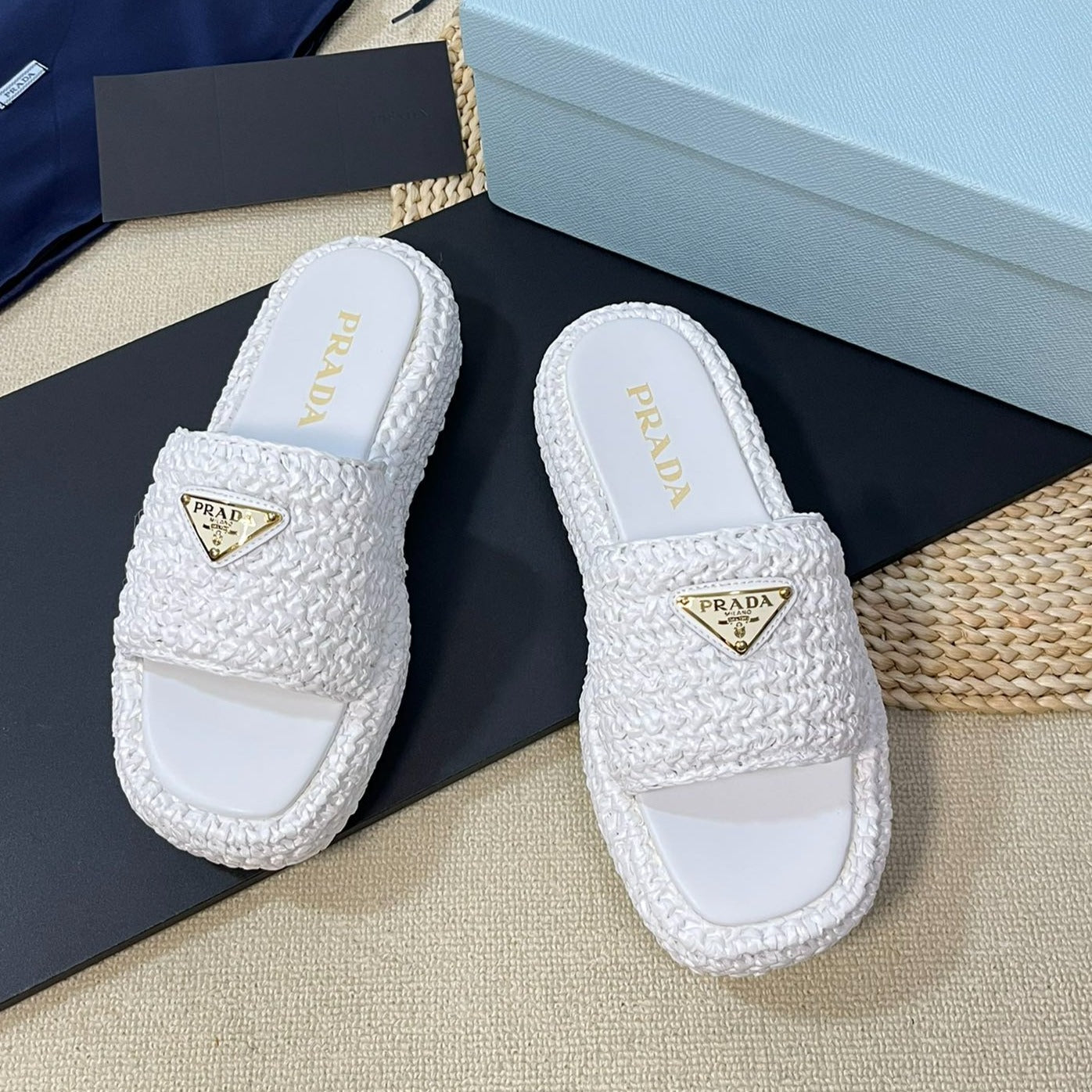 Luxury PradaCROCHET FLATFORM SLIDES WHITE RAFFIA