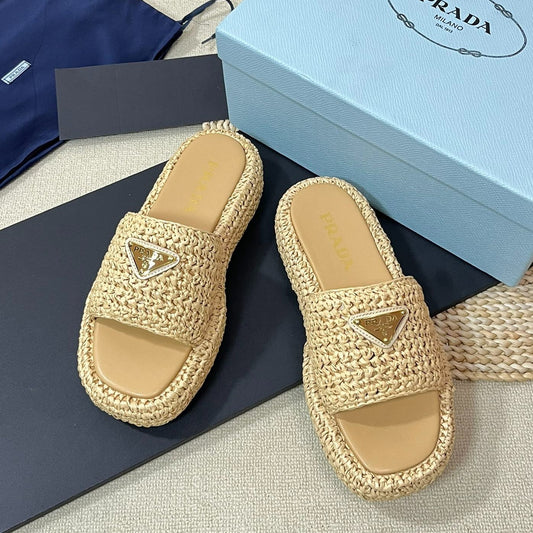 Luxury PradaWEDGE FLATFORM SLIDES BEIGE RAFFIA