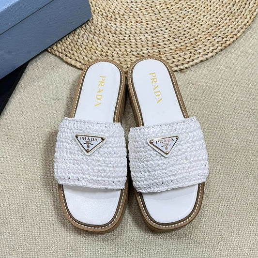 Luxury PradaWEDGE FLATFORM SLIDES WHITE RAFFIA