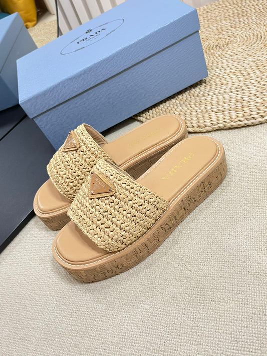 Luxury PradaCrochet Flatform Slides 40 Lightweight Cork Sole Beige