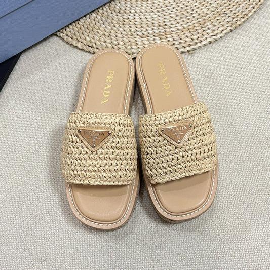 Luxury PradaCrochet Flatform Slides 40 Lightweight Cork Sole Beige
