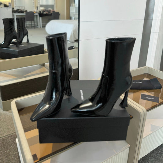 Luxury Saint Laurent HIGH HEEL POINTED-TOE ANKLE BOOTS IN BLACK SHINY CALFSKIN