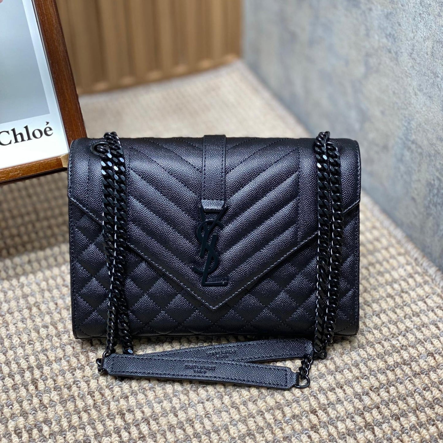 Luxury Saint Laurent ENVELOPE CHAIN BAG 24 IN BLACK CALFSKIN