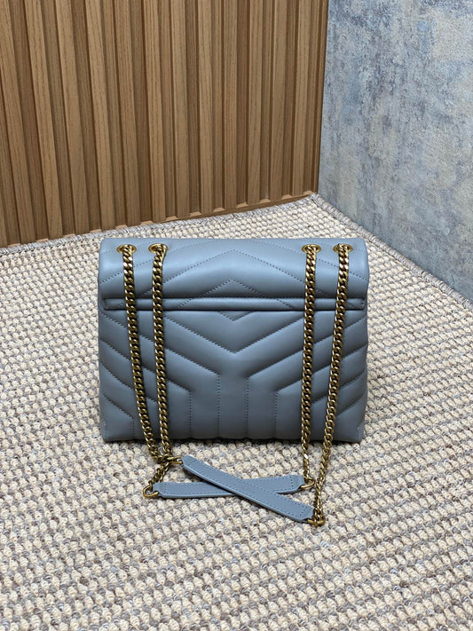 Luxury Saint Laurent LOULOU SMALL 25 IN ASH BLUE LAMBSKIN GOLD HARDWARE