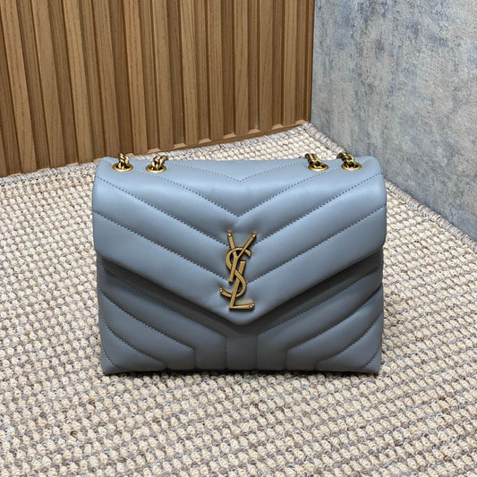 Luxury Saint Laurent LOULOU SMALL 25 IN ASH BLUE LAMBSKIN GOLD HARDWARE