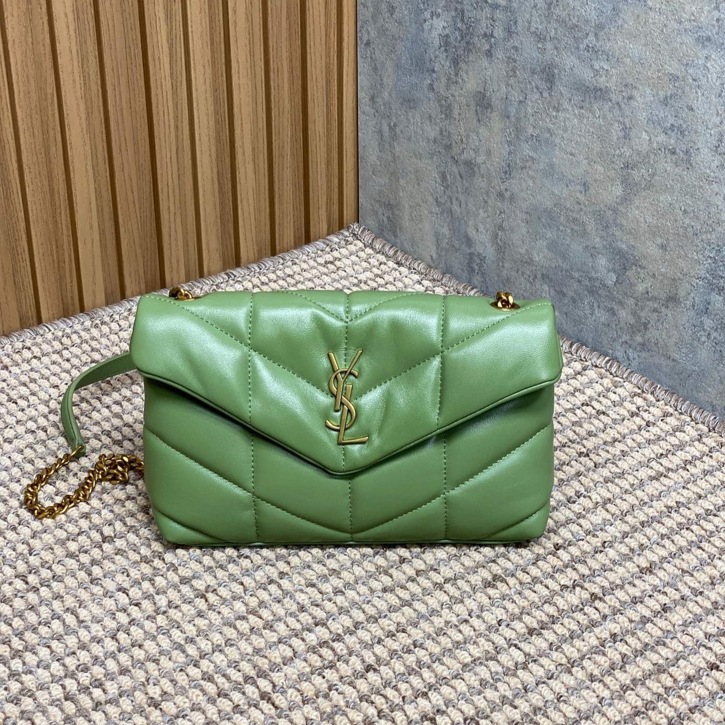 Luxury Saint Laurent PUFFER TOY 23 IN FERN GREEN LAMBSKIN GOLD HARDWARE