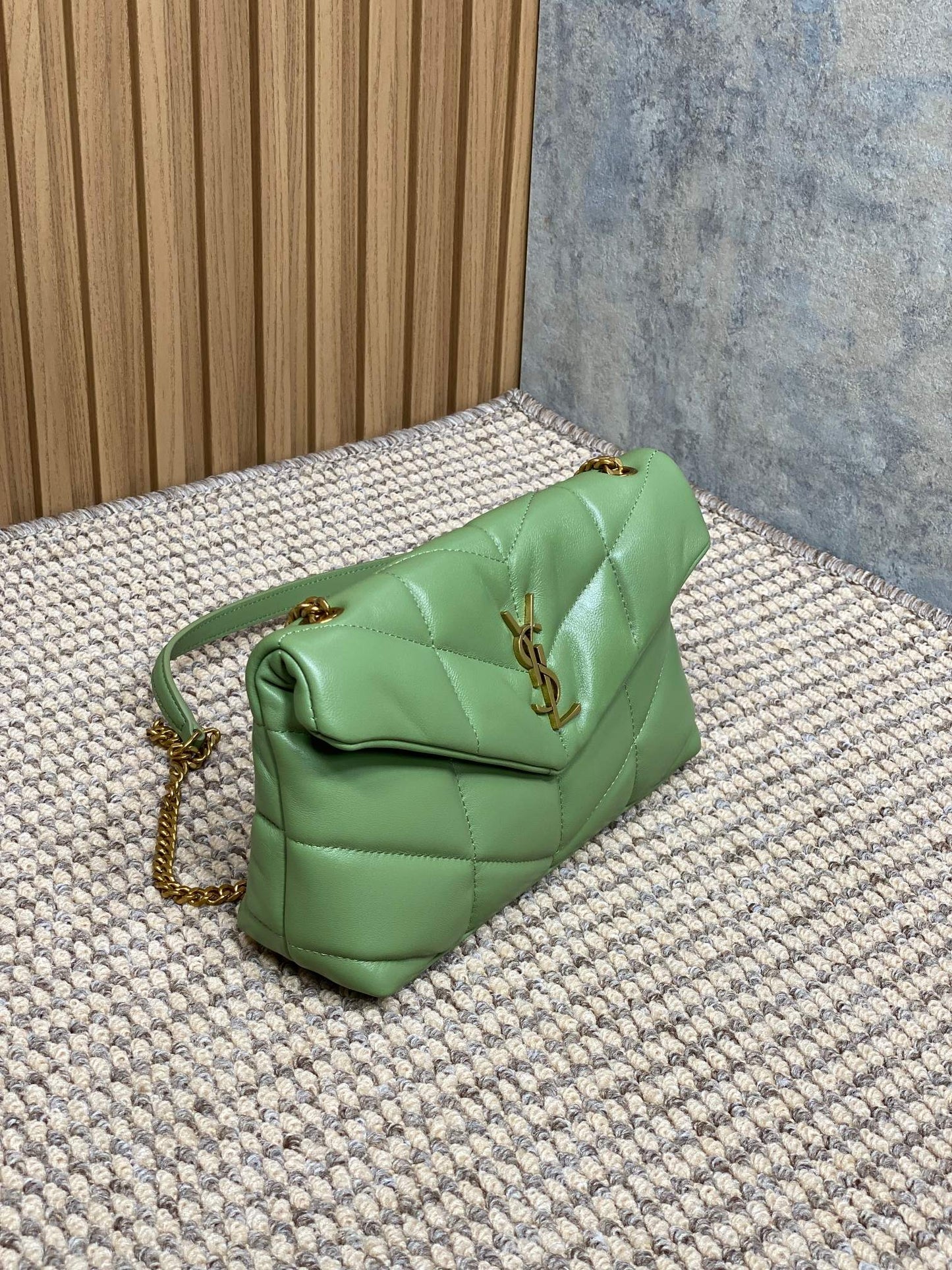Luxury Saint Laurent PUFFER TOY 23 IN FERN GREEN LAMBSKIN GOLD HARDWARE