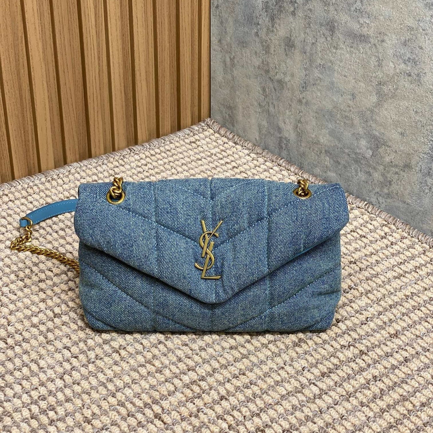 Luxury Saint Laurent PUFFER TOY 23 IN BLUE DENIM GOLD HARDWARE