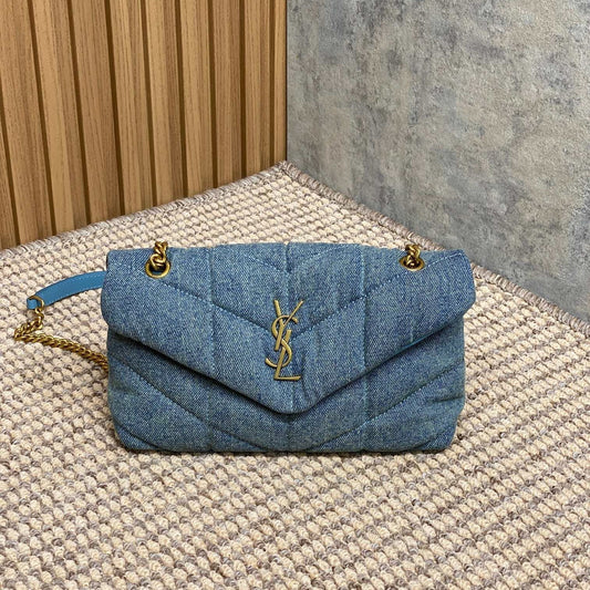 Luxury Saint Laurent PUFFER TOY 23 IN BLUE DENIM GOLD HARDWARE