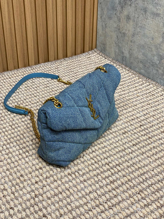 Luxury Saint Laurent PUFFER TOY 23 IN BLUE DENIM GOLD HARDWARE