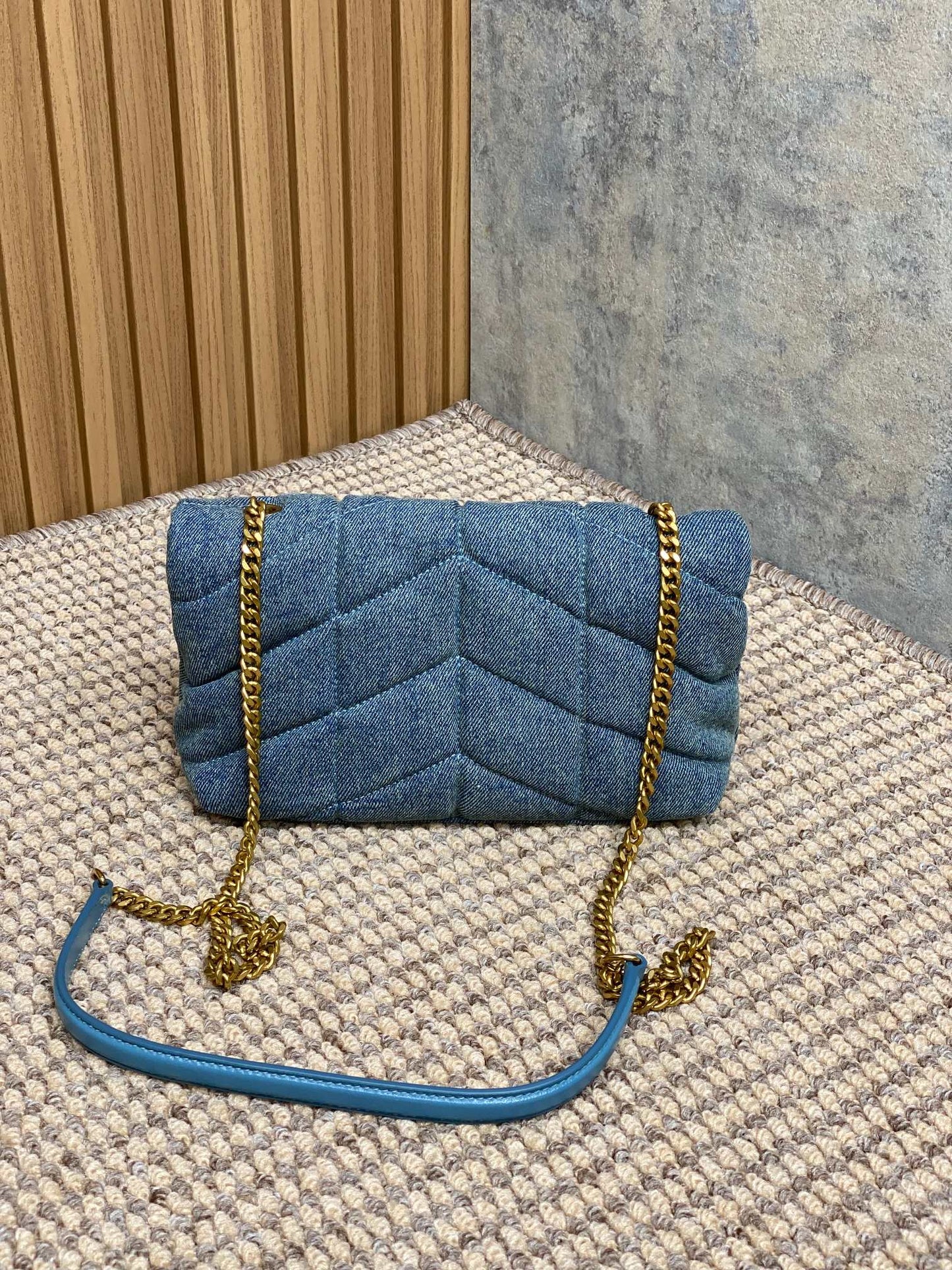 Luxury Saint Laurent PUFFER TOY 23 IN BLUE DENIM GOLD HARDWARE
