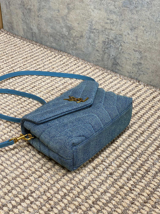 Luxury Saint Laurent LOULOU MINI BAG 20 IN BLUE DENIM GOLD HARDWARE