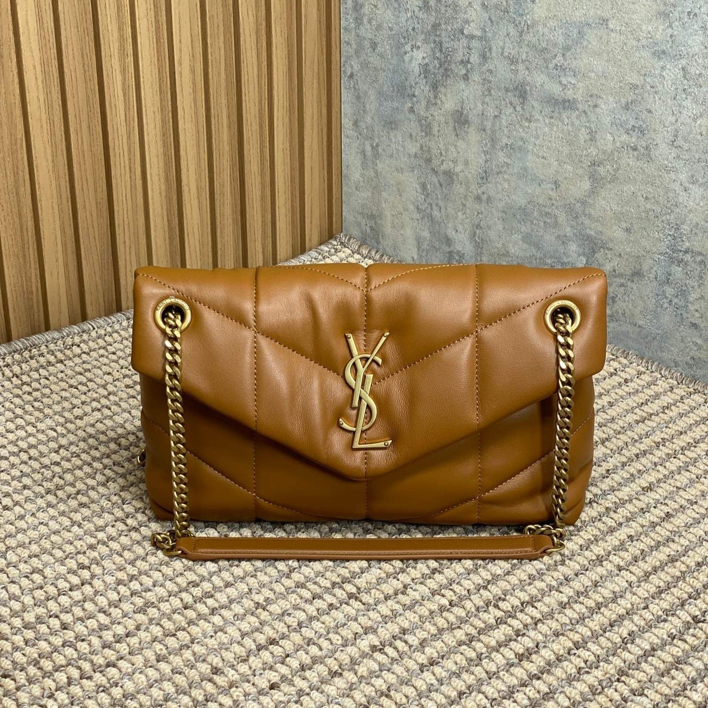 Luxury Saint Laurent PUFFER SMALL 29 IN BRONZE BROWN LAMBSKIN GOLD HARDWARE