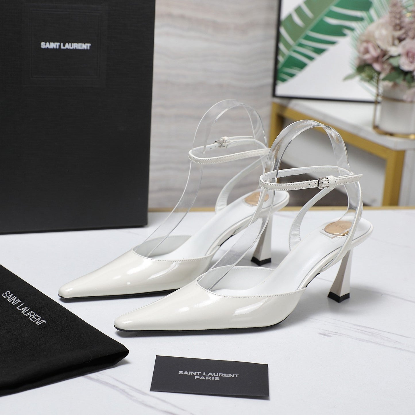 Luxury Saint Laurent AIMÉE SLINGBACK PUMPS IN WHITE GLOSSY LAMBSKIN