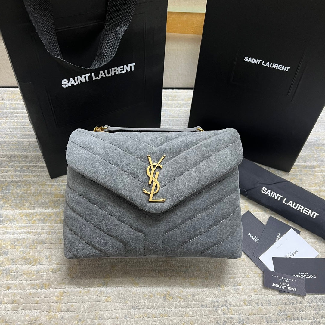Luxury Saint Laurent LOULOU SMALL 23 IN GRAY SUEDE GOLD HARDWARE
