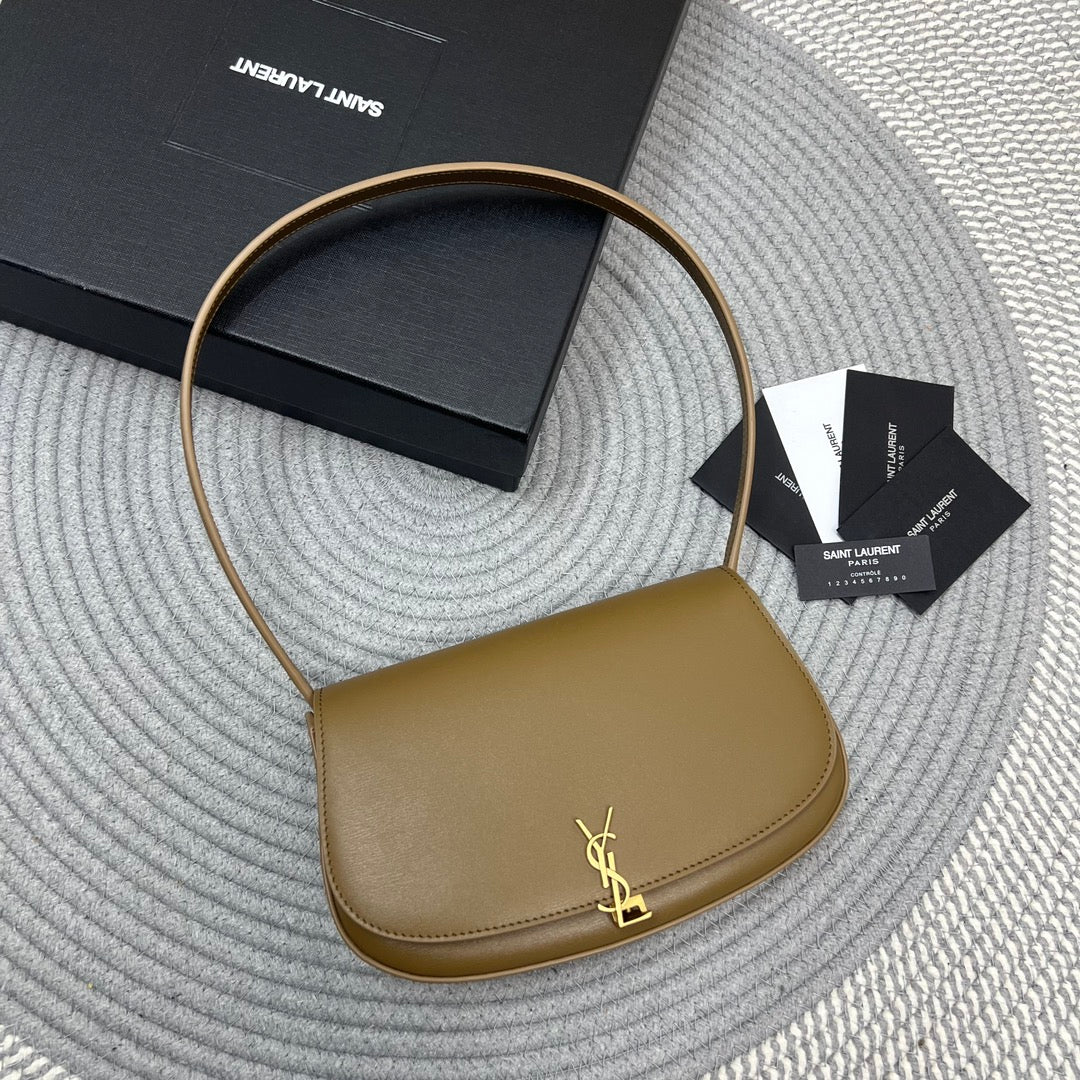Luxury Saint Laurent VOLTAIRE IN BOX 21 IN CARAMEL BROWN CALFSKIN GOLD LOGO