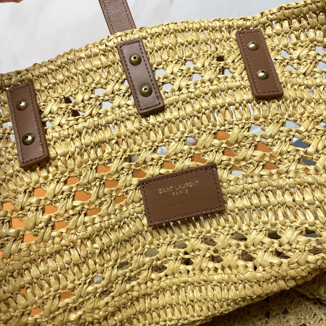 Luxury Saint Laurent YSL PANIER BAG 55CM BEIGE CROCHET RAFFIA TAN CALFSKIN