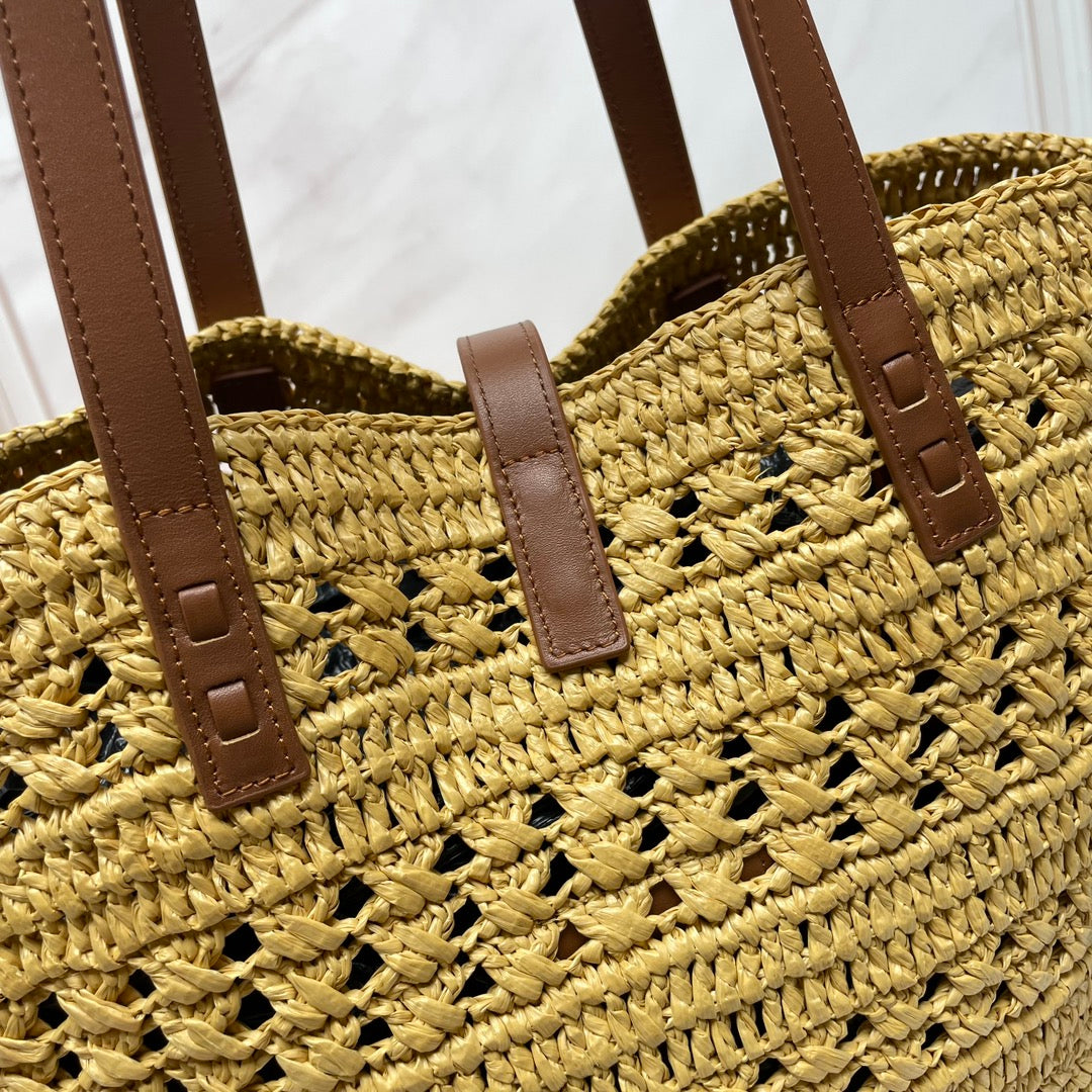 Luxury Saint Laurent YSL PANIER BAG 55CM BEIGE CROCHET RAFFIA TAN CALFSKIN