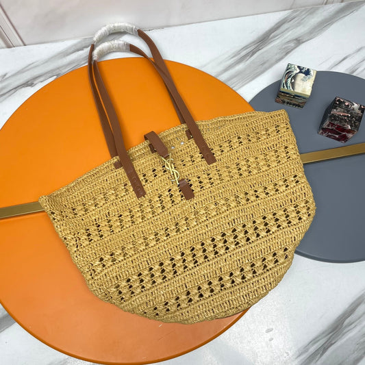 Luxury Saint Laurent YSL PANIER BAG 55CM BEIGE CROCHET RAFFIA TAN CALFSKIN